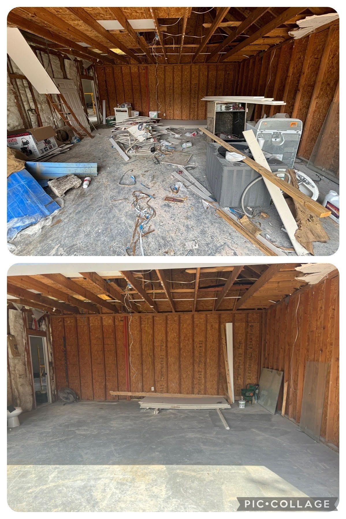 A before and after picture of a garage under construction.
