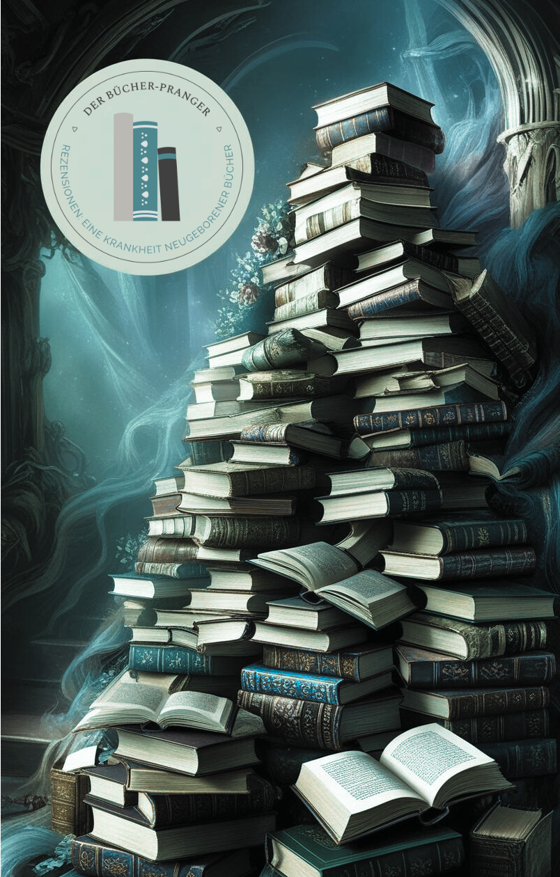 In einem dunklen Raum liegt ein Stapel Bücher übereinander.