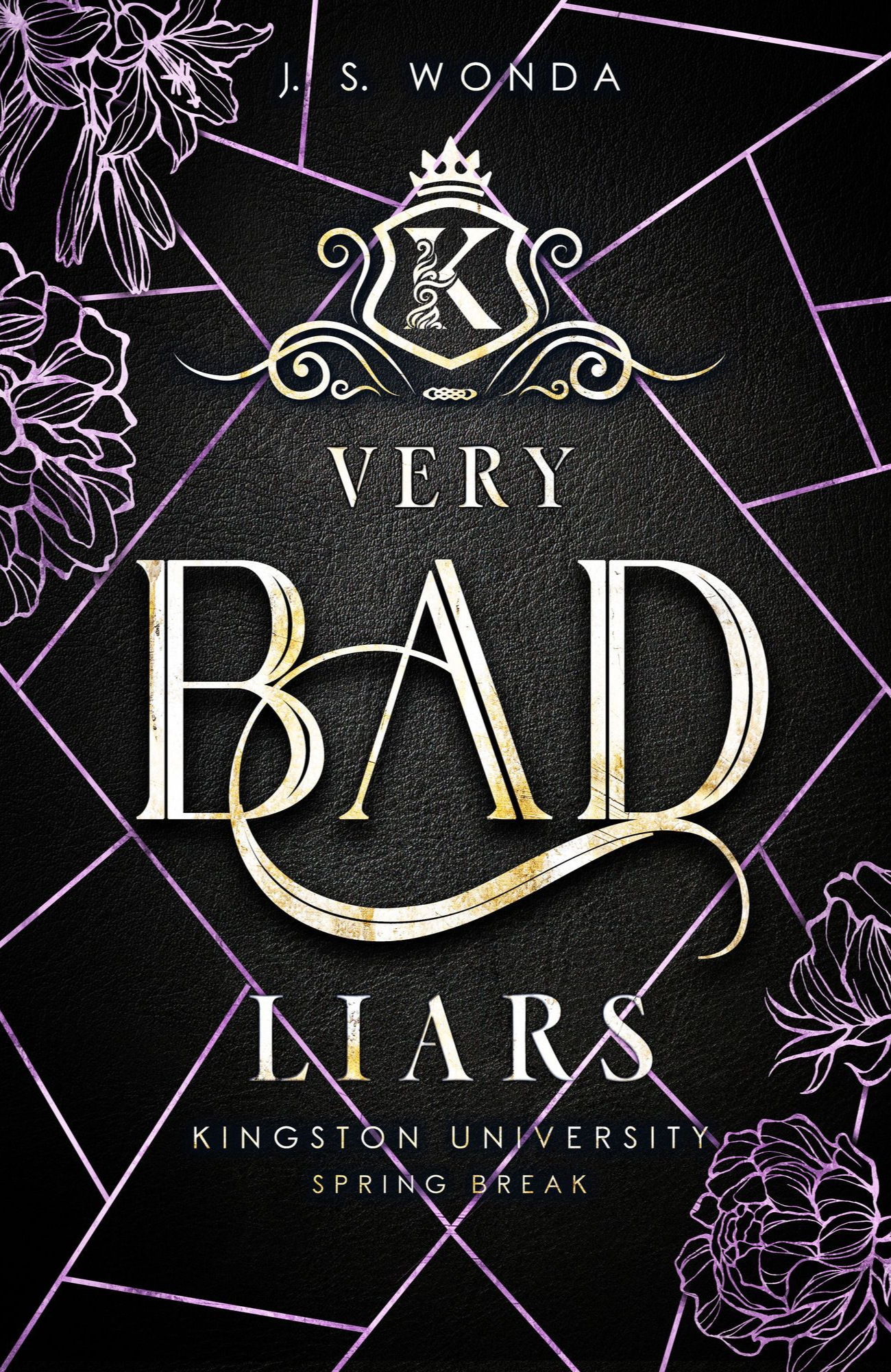 Buchcover: „Very Bad Liars“, dunkel mit goldenem Text und floralen Akzenten.