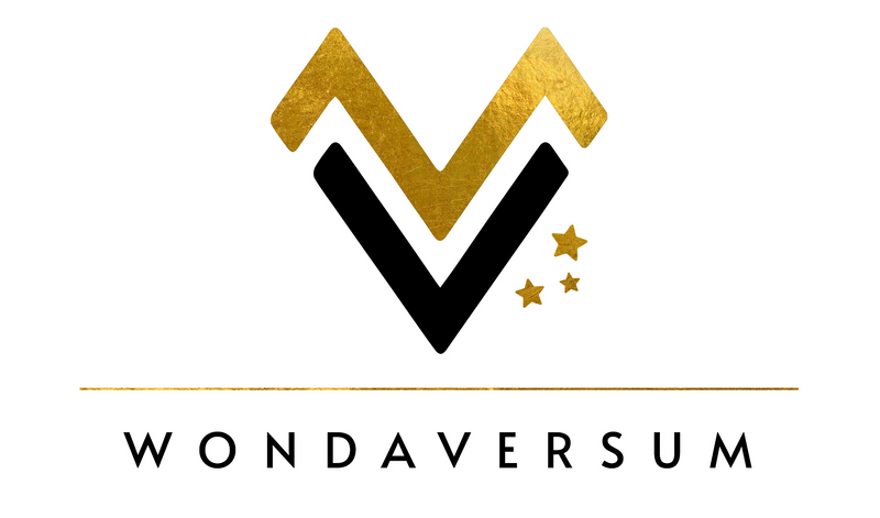 Ein Logo für Wondaversum mit einem schwarz-goldenen V und Sternen