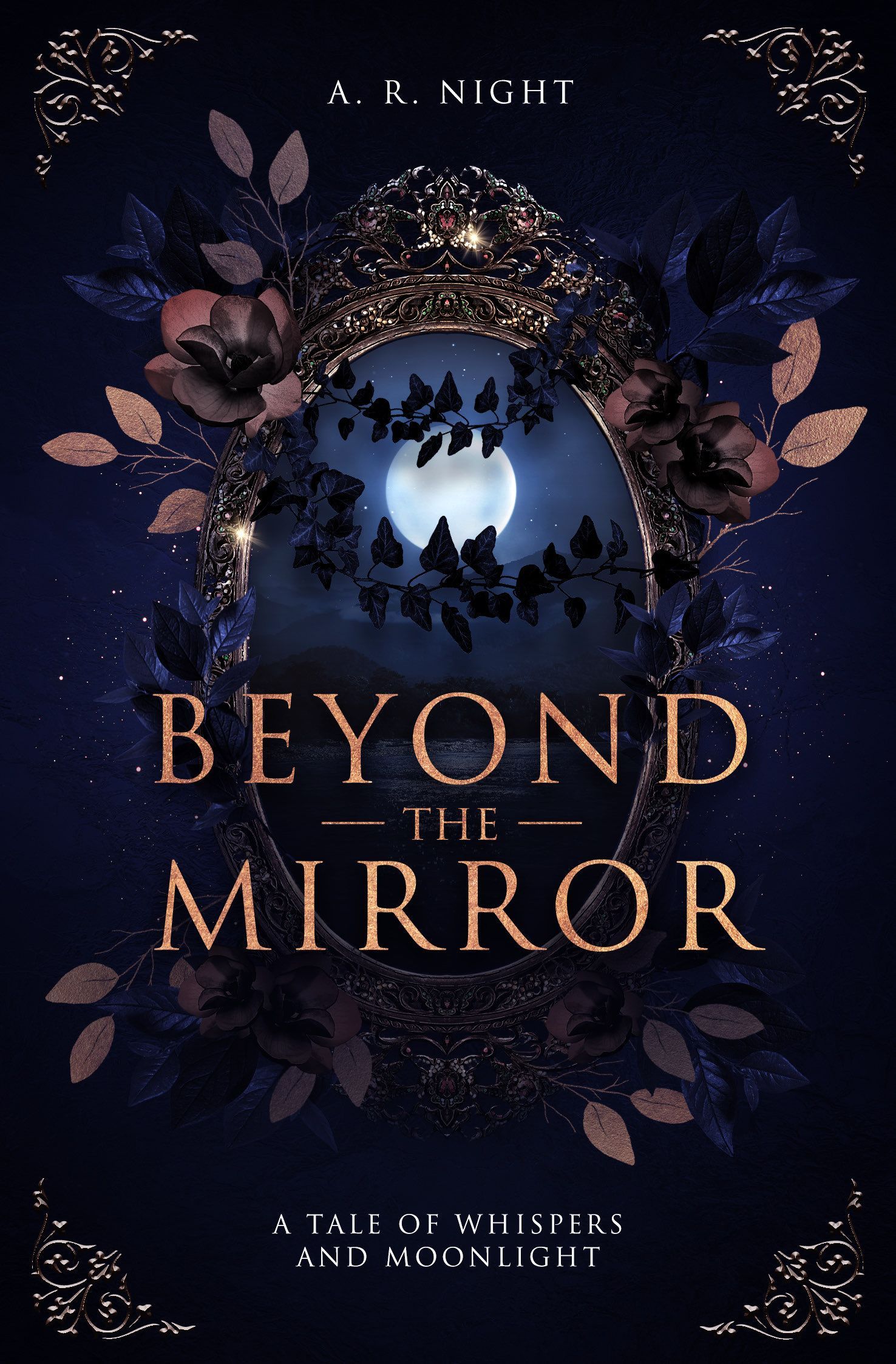 Cover-Artwork für „Beyond the Mirror“ mit einer nächtlichen Waldszene, die sich in einem verzierten Spiegel spiegelt; Titel in Gold.