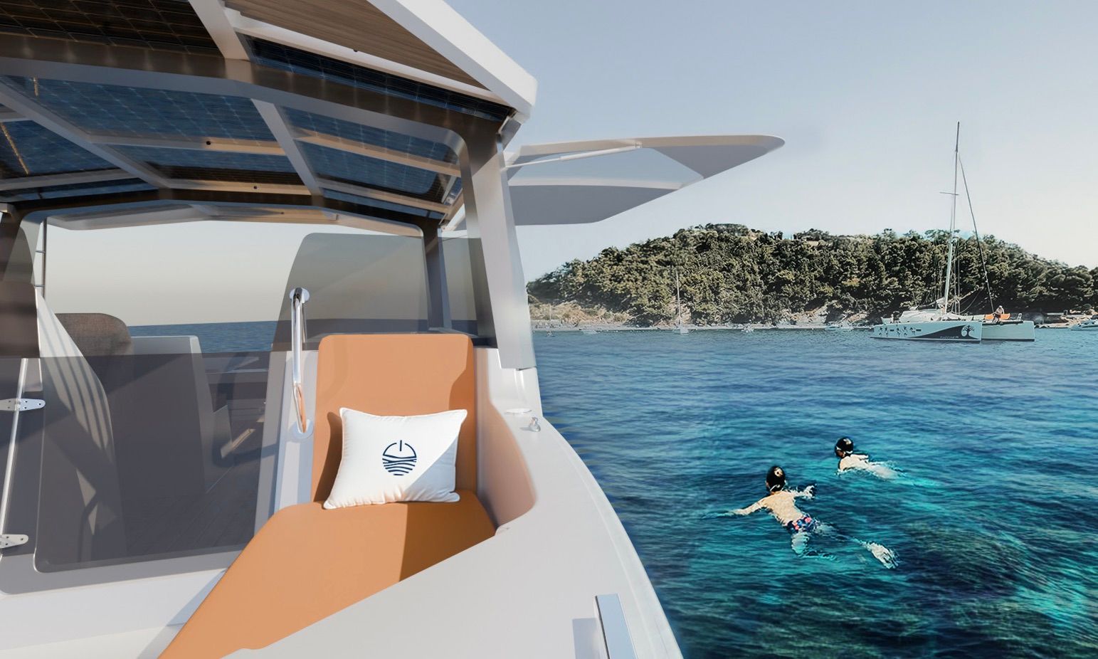 Electric catamaran solar panels daybed sun lounge