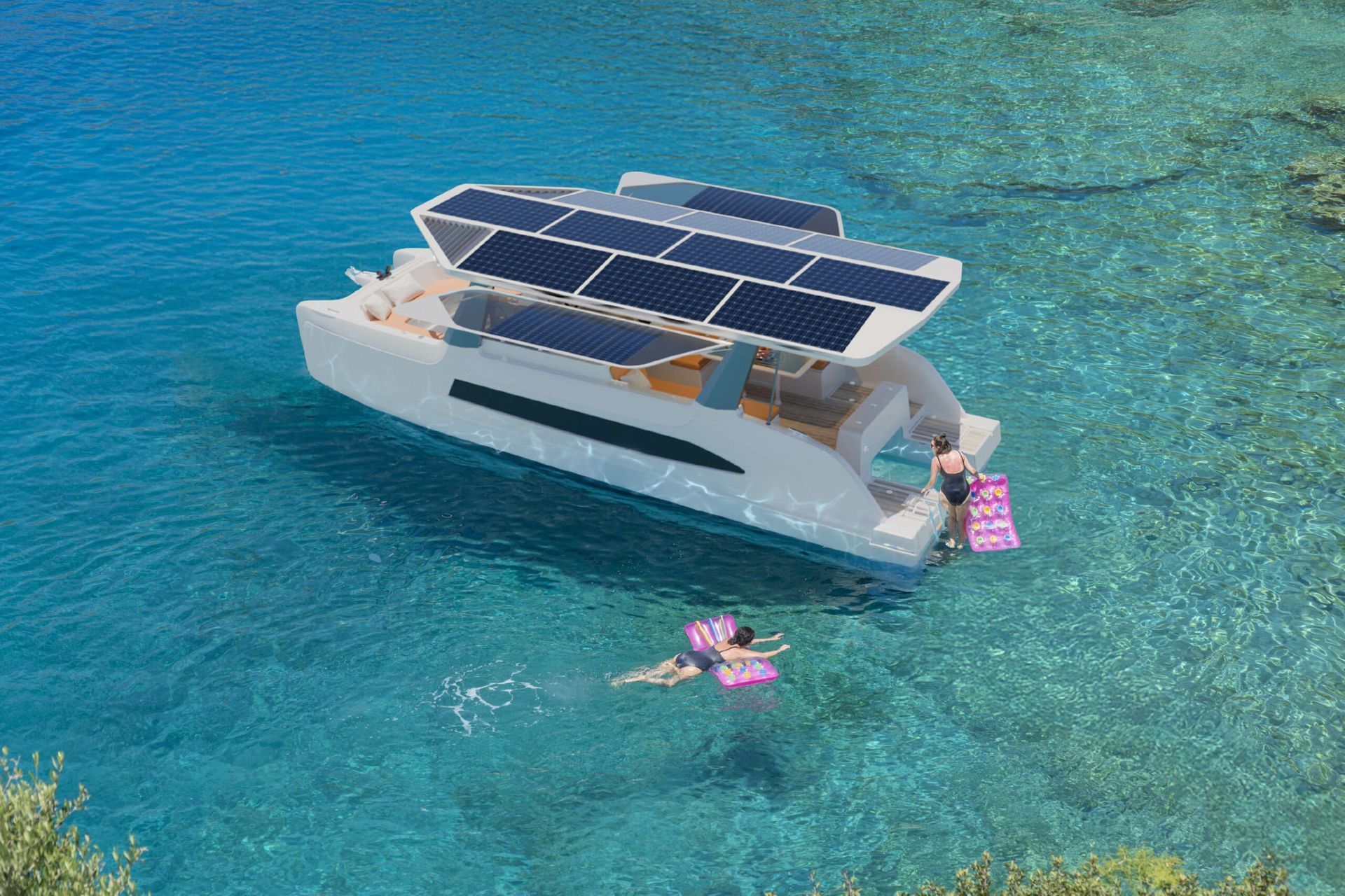 Solar panels ontop of a white catamaran with open enclosure L shaped seating swimmers approaching swim platform
