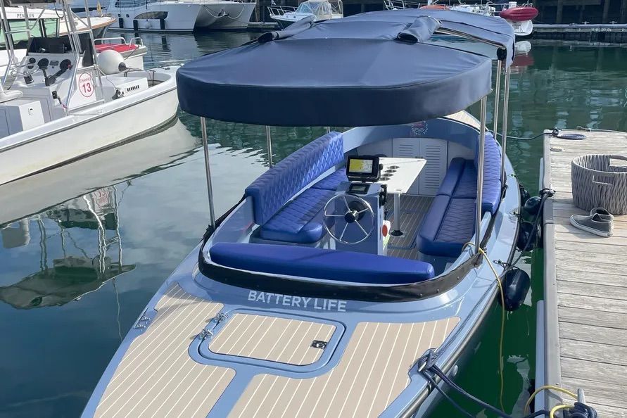 Fantail with a tan canopy is docked at a dock