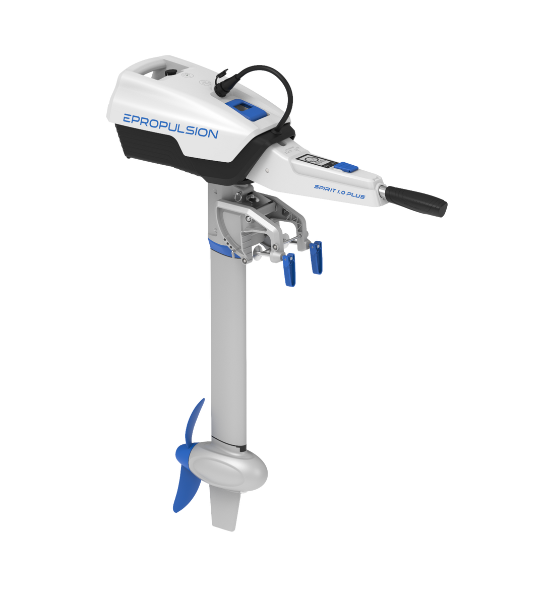 An electric outboard motor with a blue propeller on a white background.