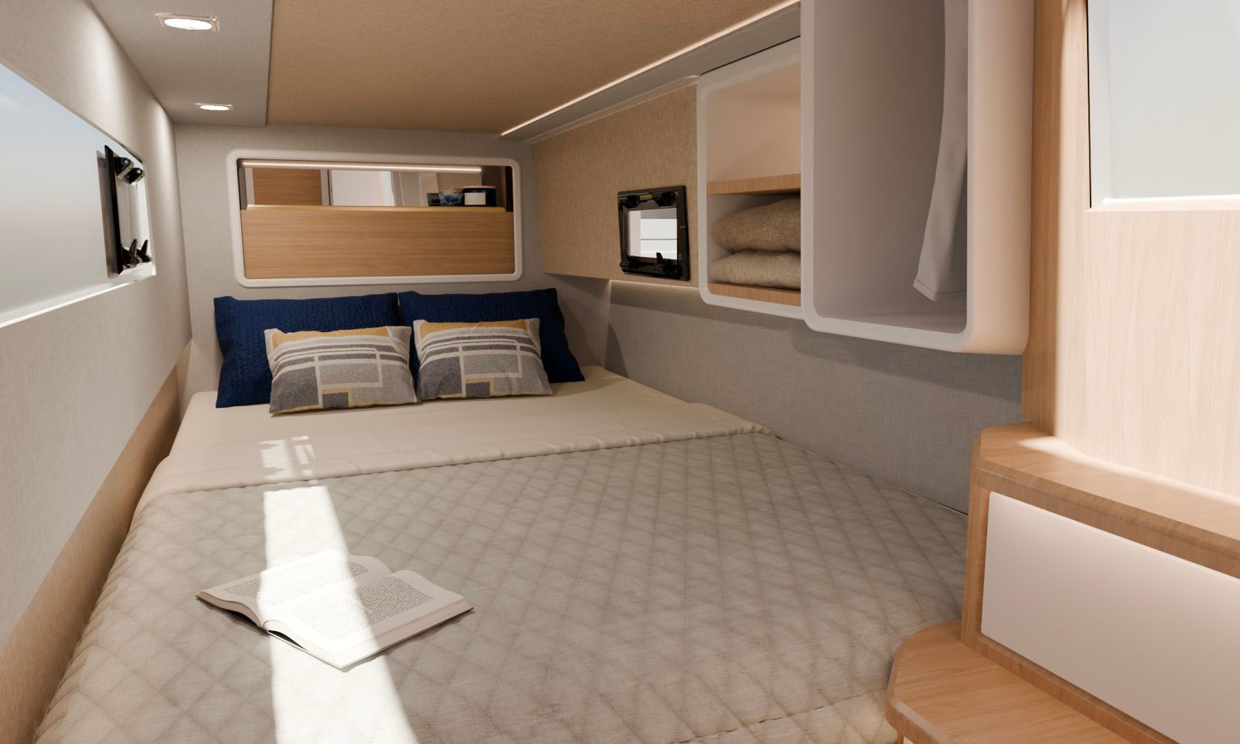Cabin on the M10 electric solar catamaran