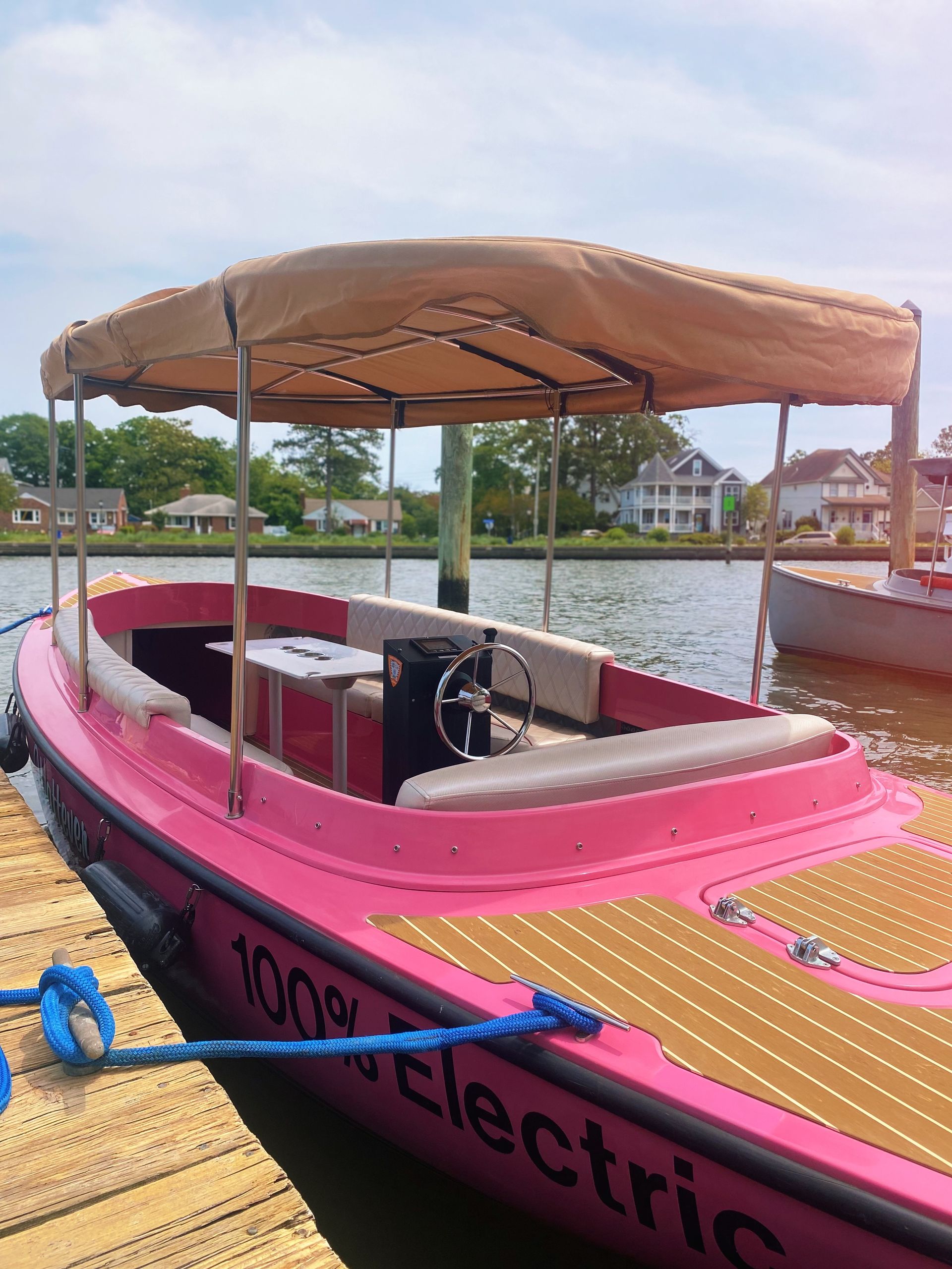 Pink Fantail boat with canopy top - Front side