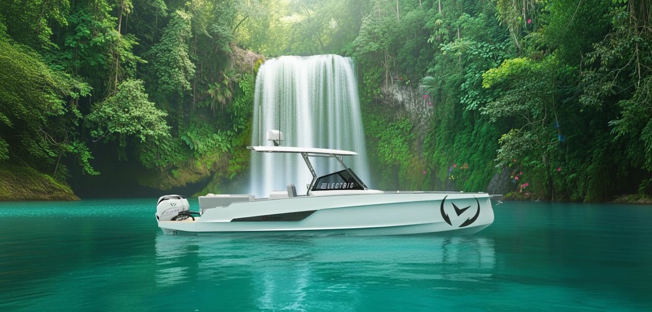 Sterk31e dual Vision Marine motors on back . White boat in front of waterfall and a lot of greenery