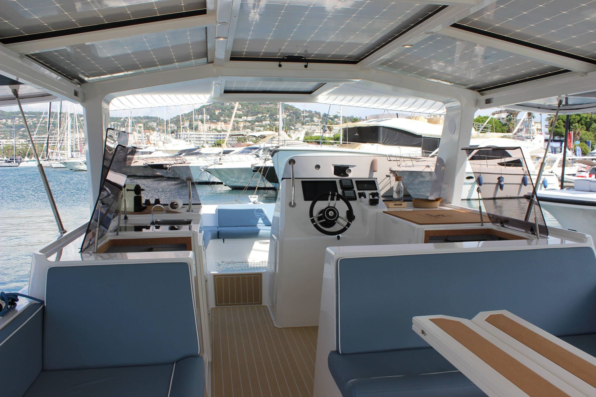 Interior of M10 from galley solar panel roof and captain seat can be seen