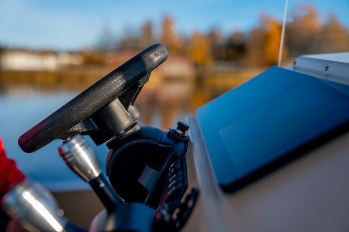 Amber helm and steering station on Elvene Boat