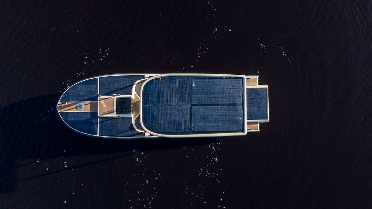 Amber from Elvene boats ariel shot of solar pannel on hard top 