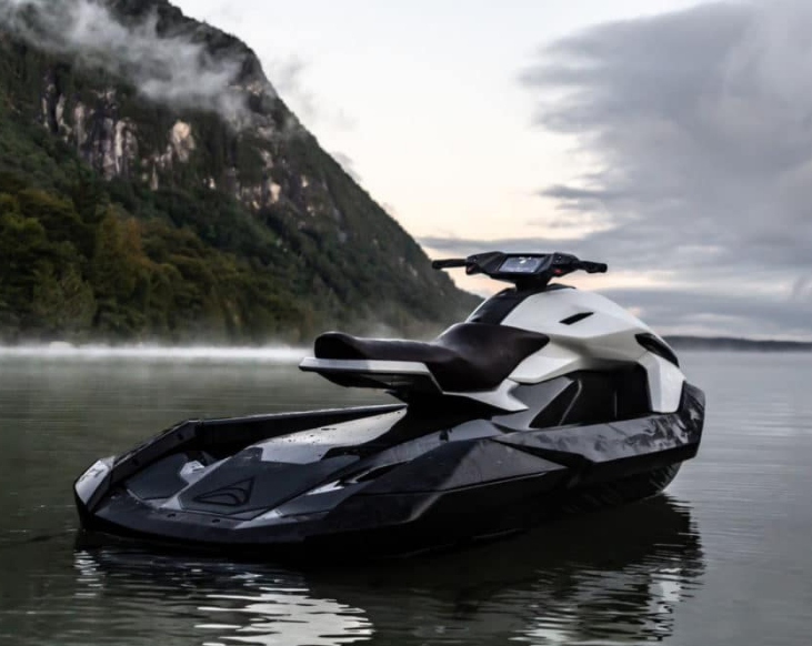 A black and white jet ski is sitting in the water