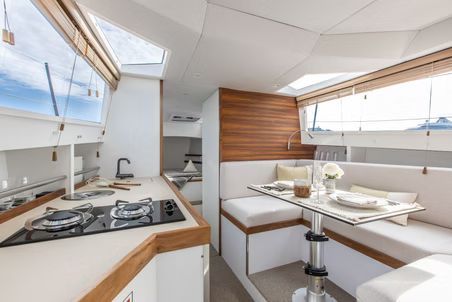 Galley of Orphie 39 solar powered electric powered trimaran weekender luxury