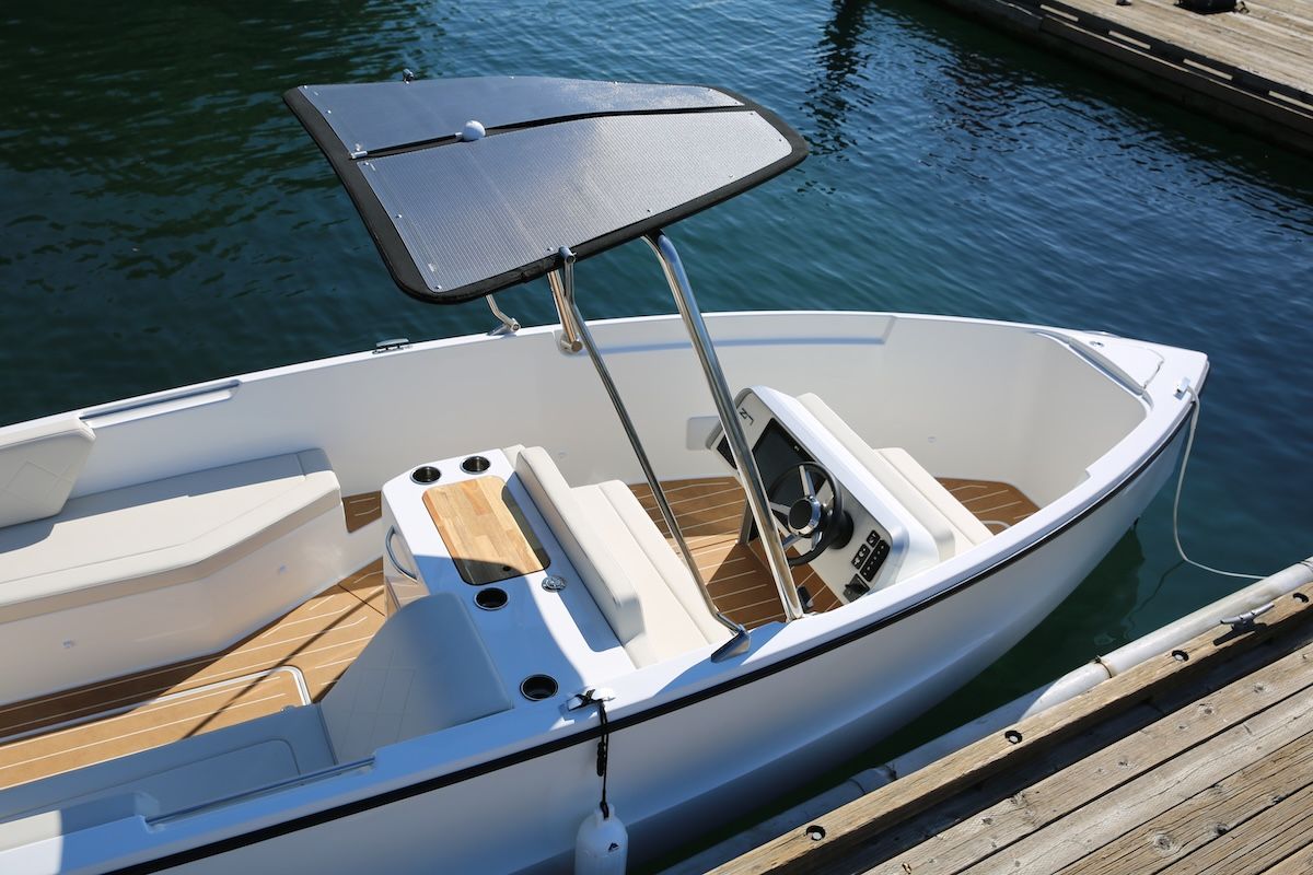 Amber from Elvene boats ariel shot of solar pannel on hard top 