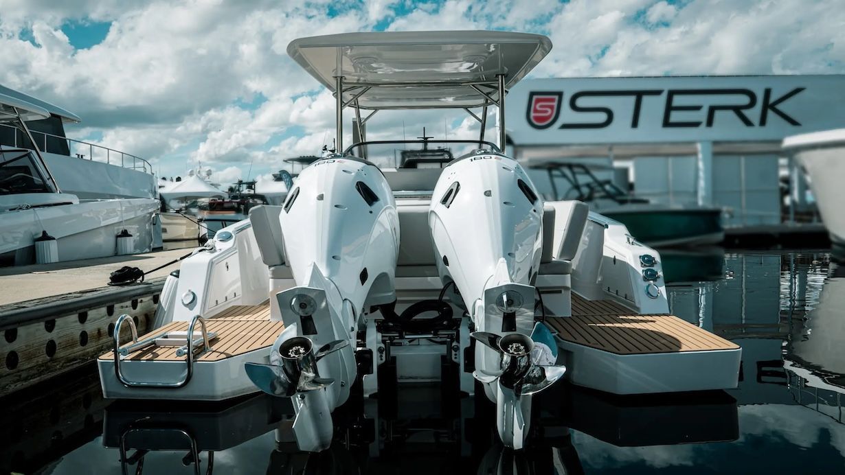 Sterk31e at Sterk dock two Vision Marine electric outboard motors on the back sterk sign in backgound