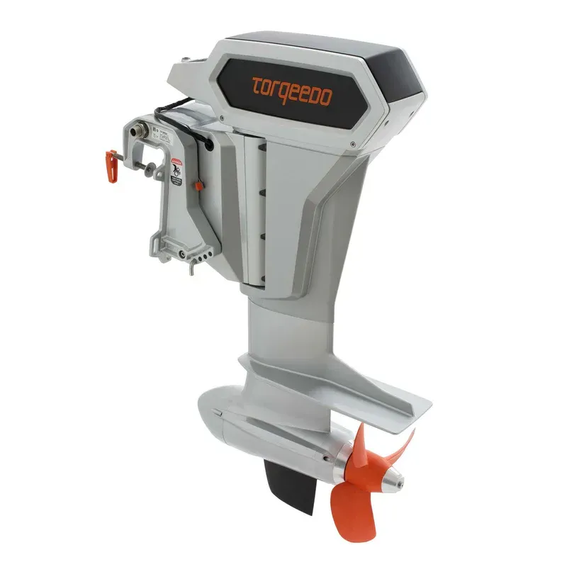 A torquedo outboard motor with an orange propeller