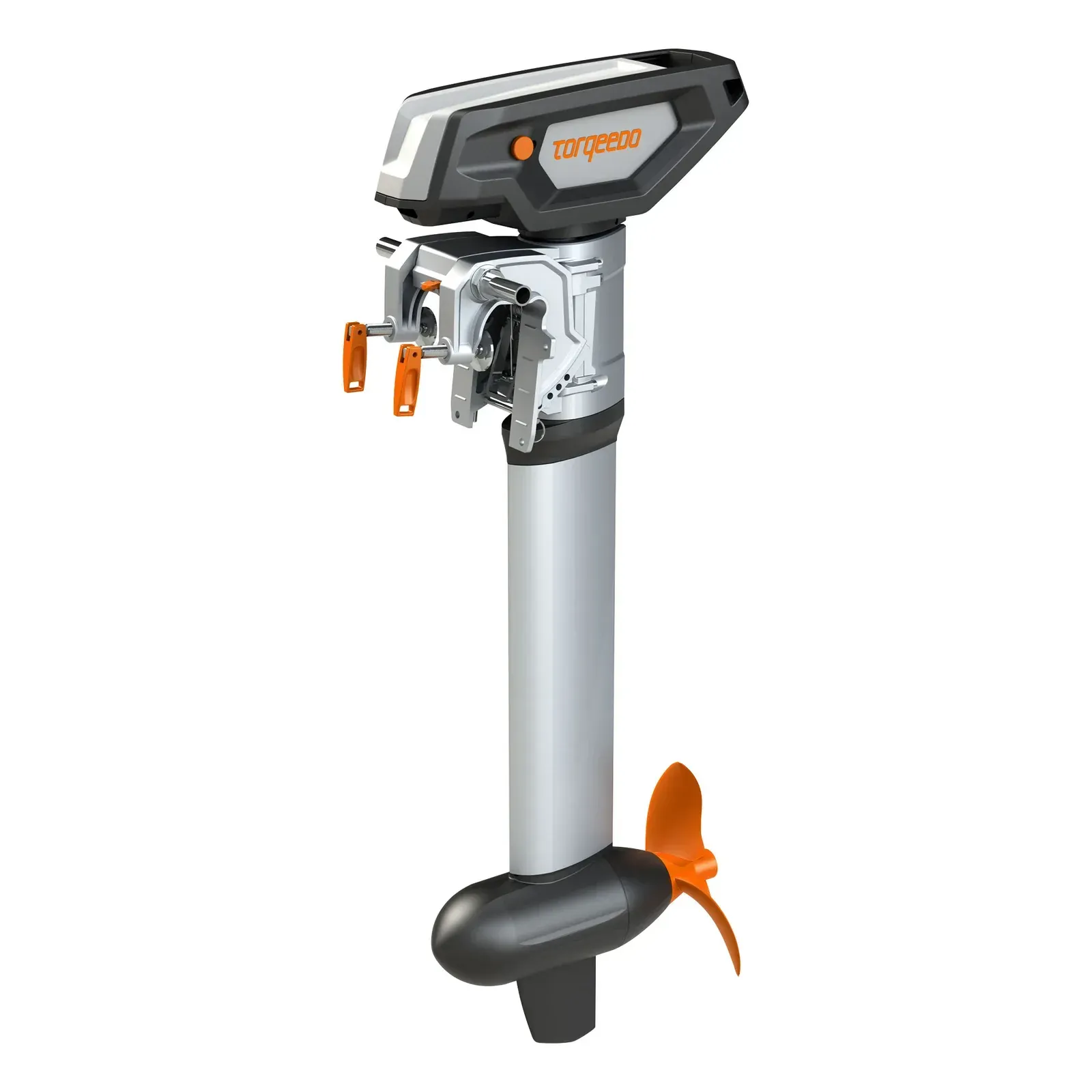 A picture of an electric outboard motor on a white background.