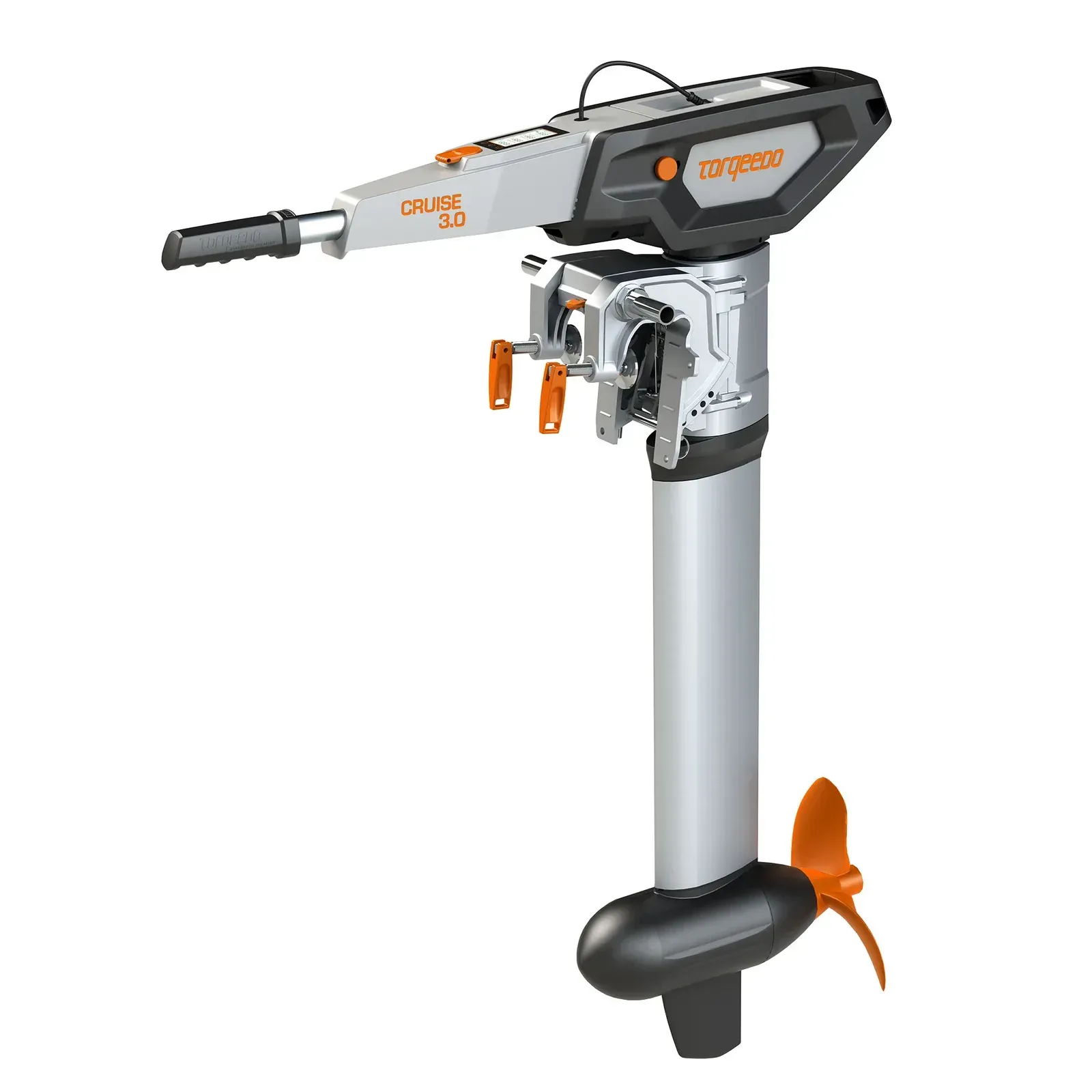 An electric outboard motor with a propeller on a white background.
