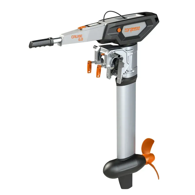A motor with a propeller and a handle on a white background