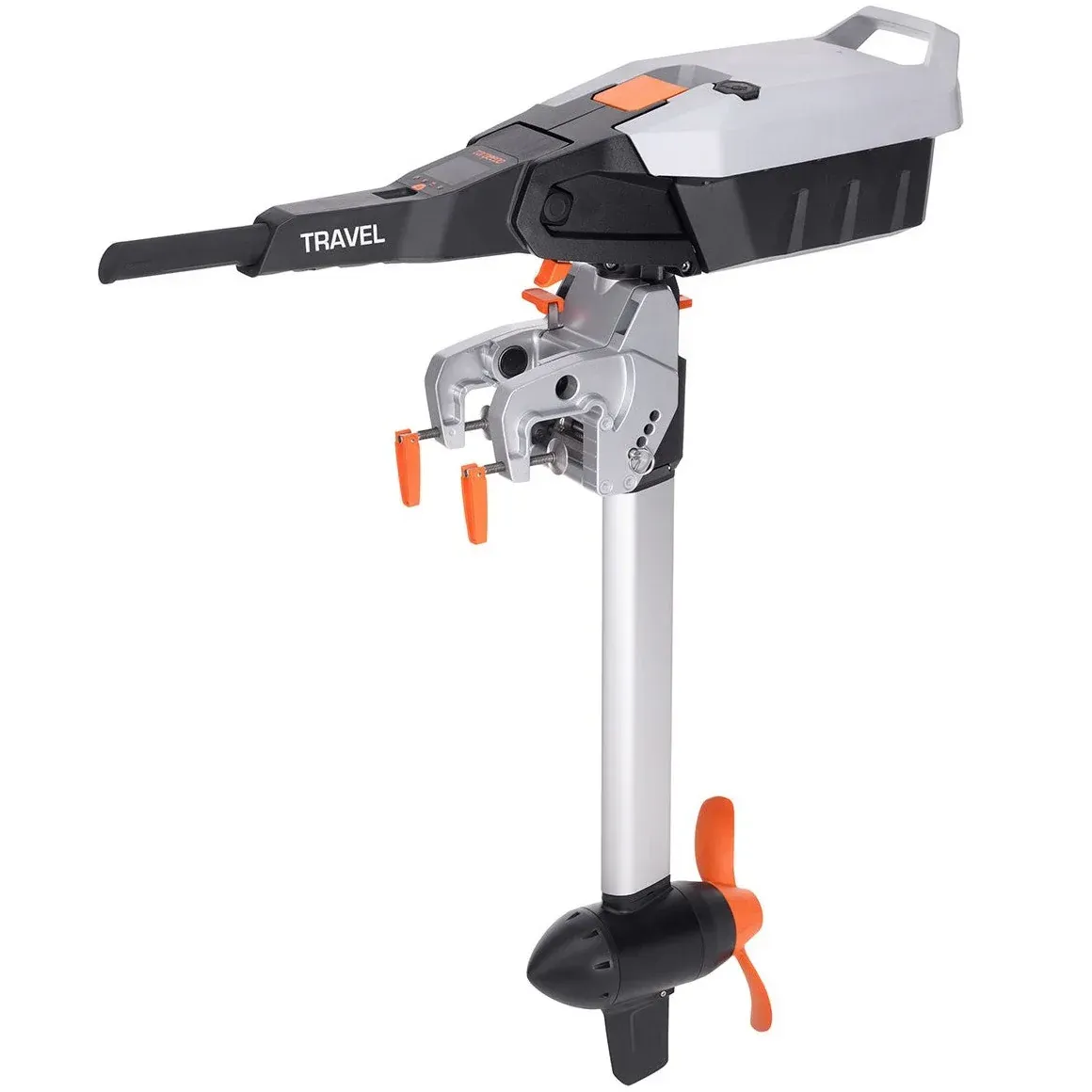 A picture of an electric outboard motor on a white background.
