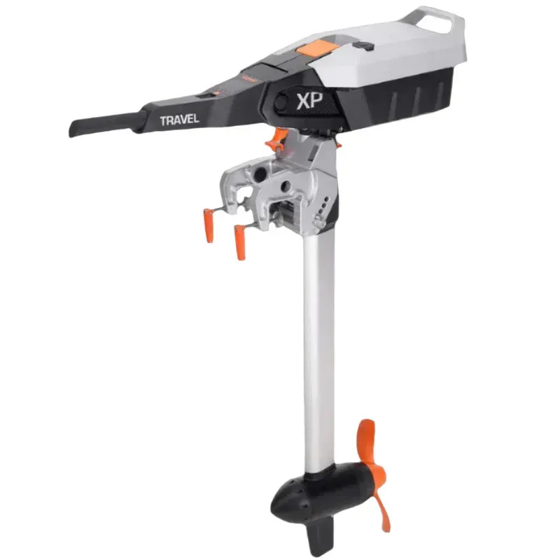 A truvel xp electric outboard motor is shown on a white background.