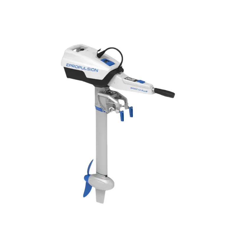 A white and blue electric outboard motor on a white background.