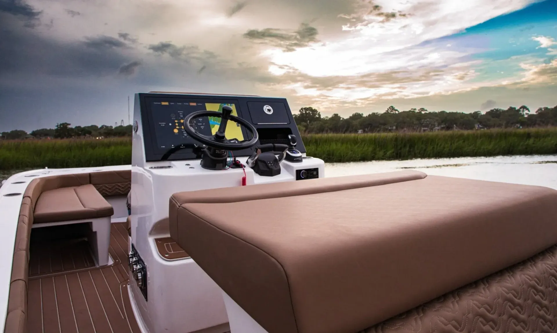 Artemis 23 electric catamaran T Top with open deck layout option view of helm