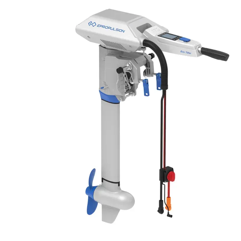 An electric outboard motor with a blue propeller on a white background