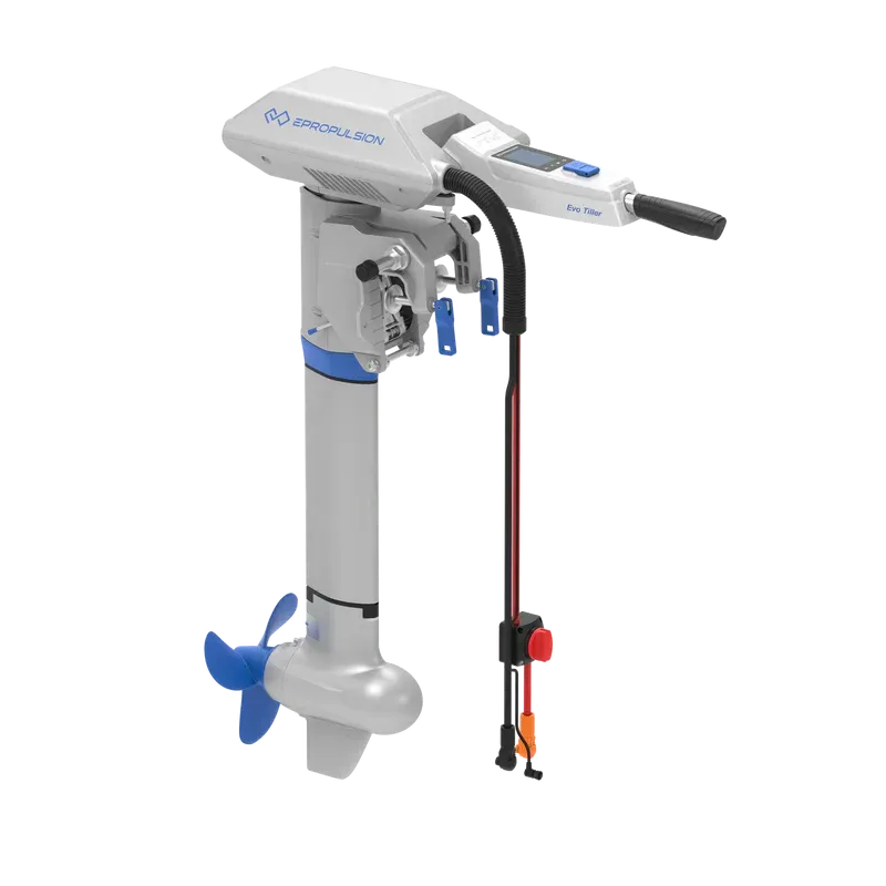 An electric outboard motor with a blue propeller on a white background.