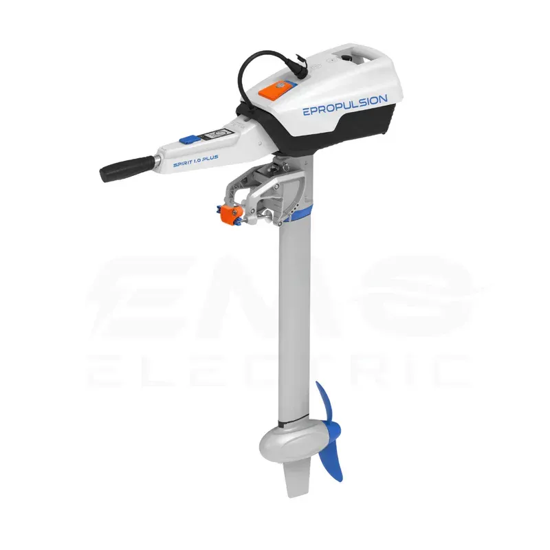 An electric outboard motor with a blue propeller on a white background.