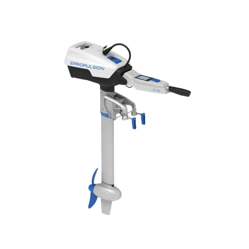 An electric outboard motor is shown on a white background.
