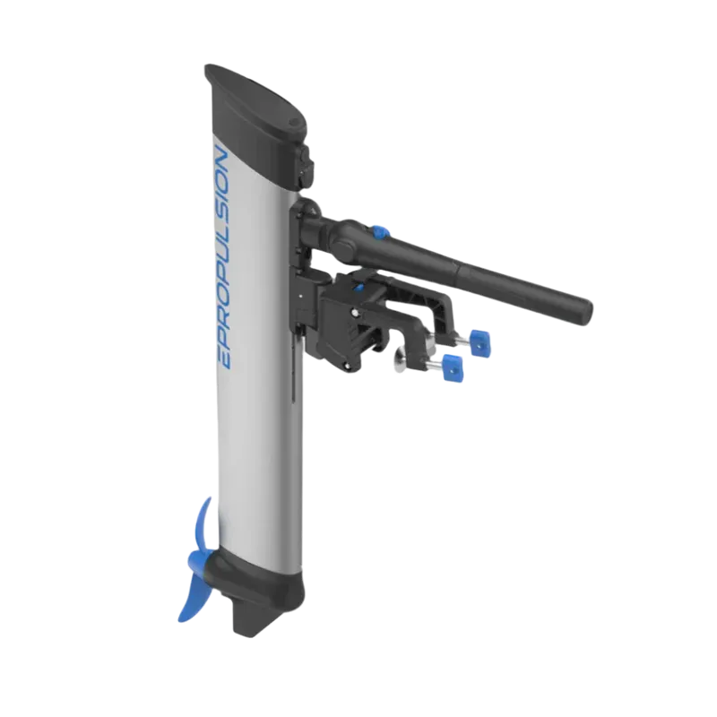 A gray and black propulsion device on a white background