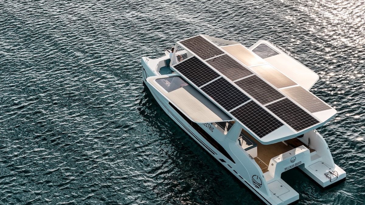 Electric Solar luxury weekender boat in water