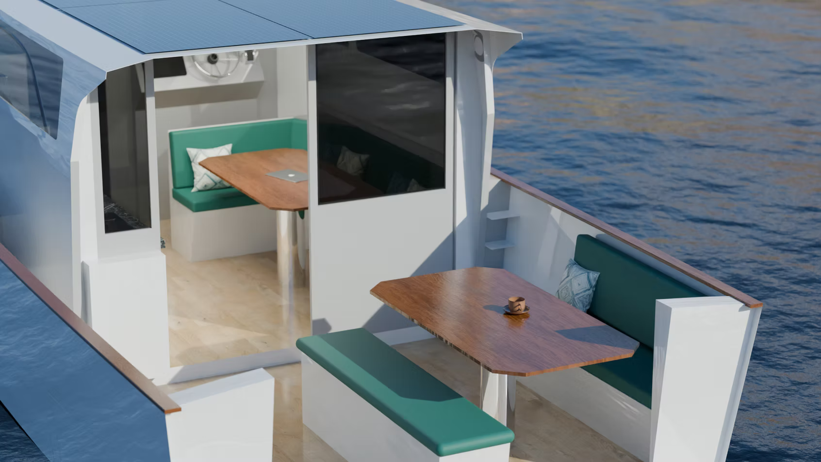 Orphie 39 open layout customizable seating luxury design electric solar power boat