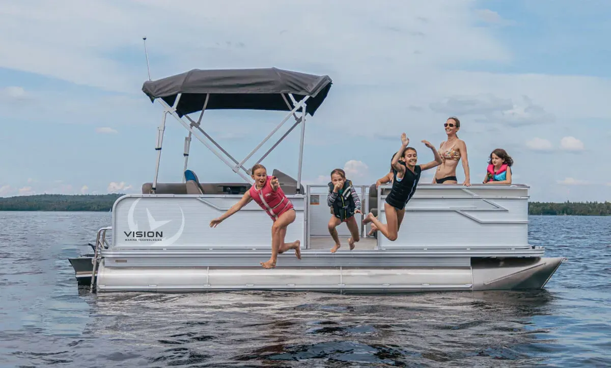Vision Marine V17 electric pontoon bimini top 180 HP outboard kids jumping off into water