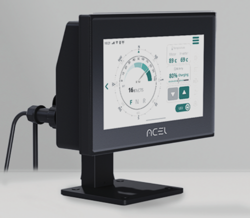 A computer monitor with a compass on it is sitting on a table.