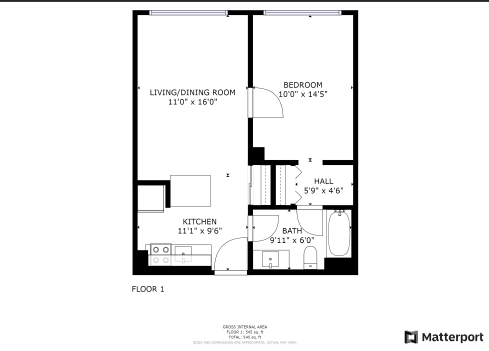 A floor plan of a small apartment with a living room , kitchen , and bathroom.