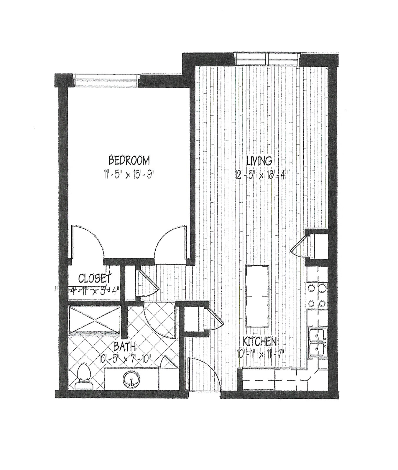 A black and white floor plan of a small apartment.