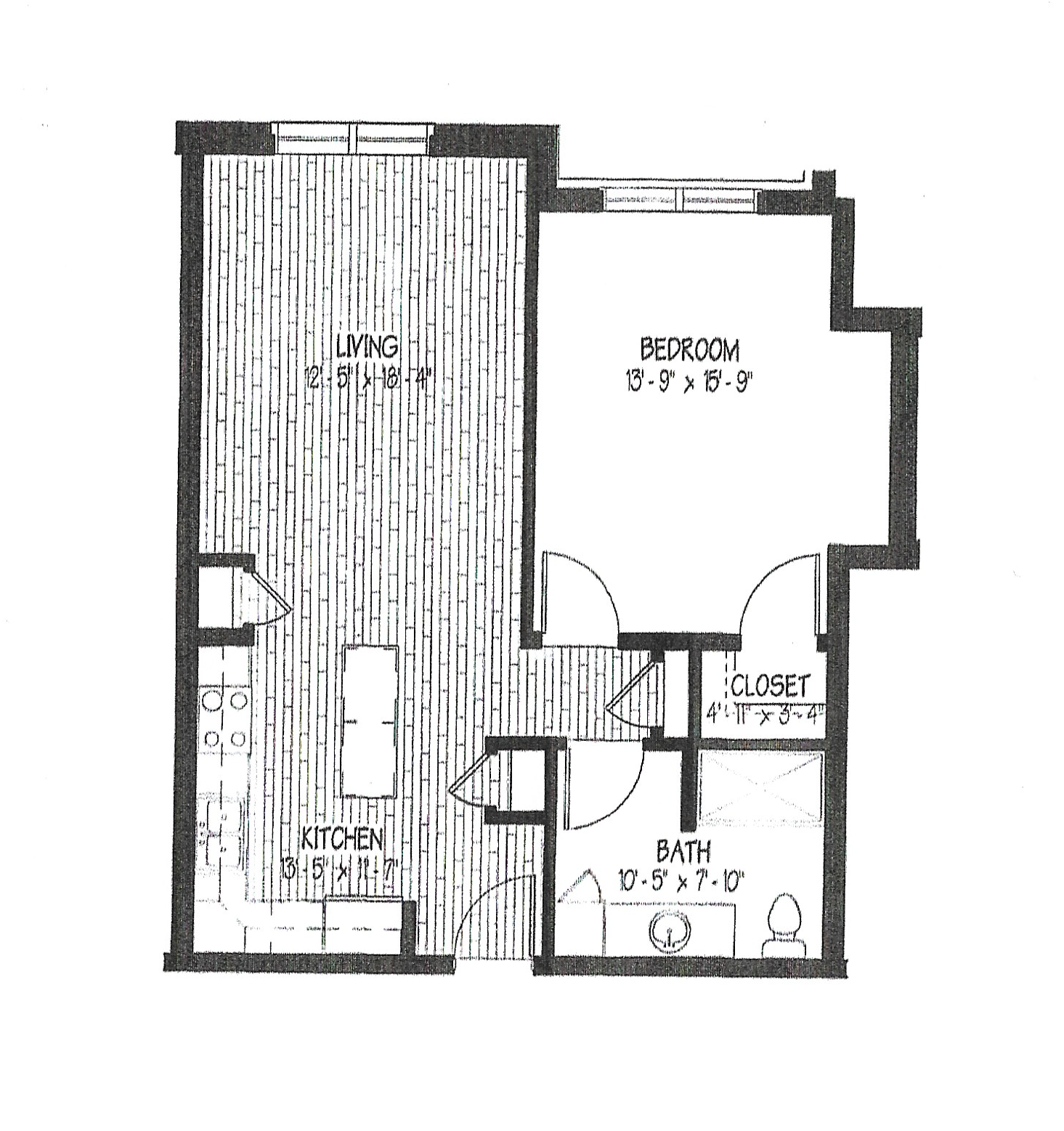 A black and white floor plan of a bedroom apartment.