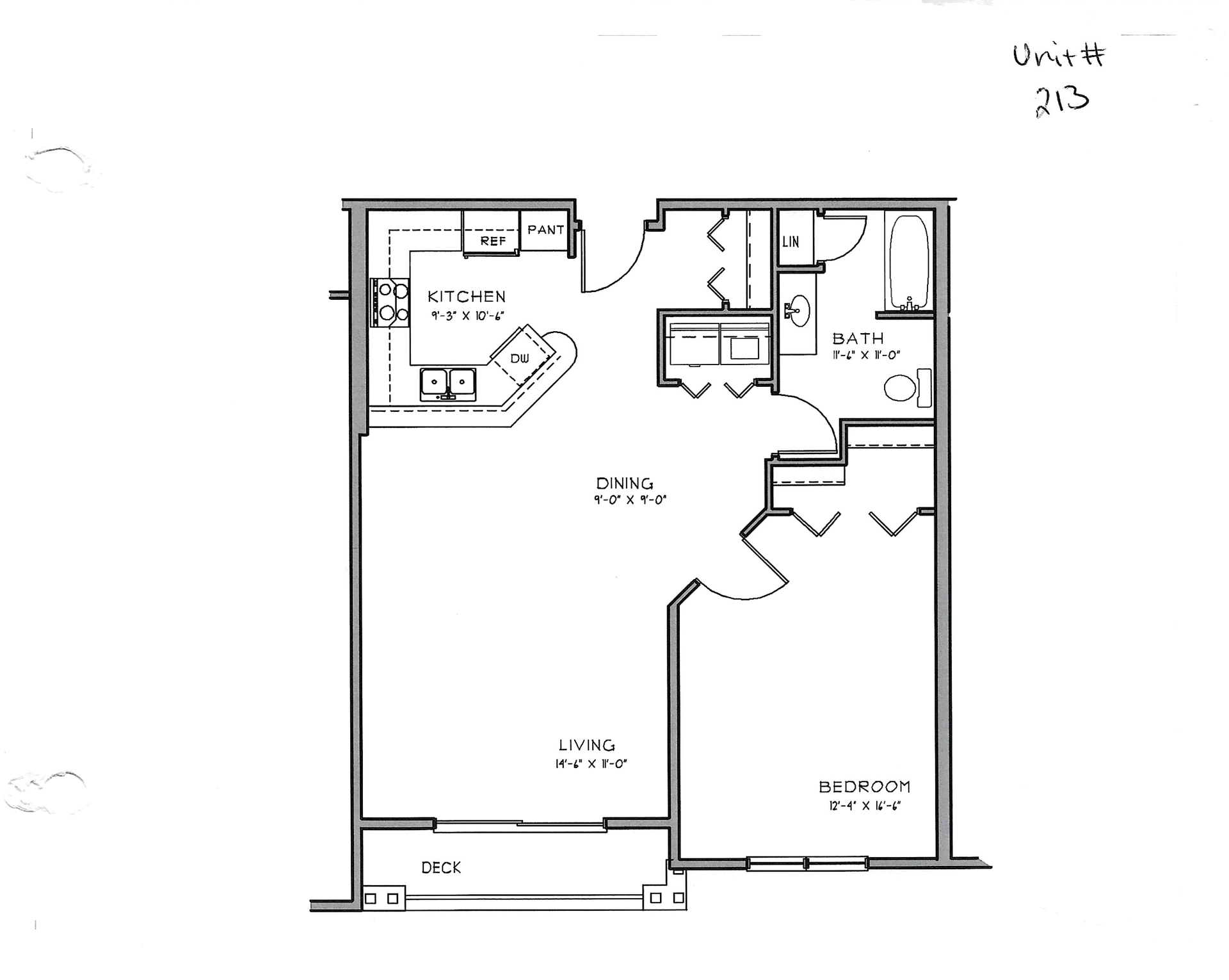 A black and white floor plan of a single bedroom apartment.