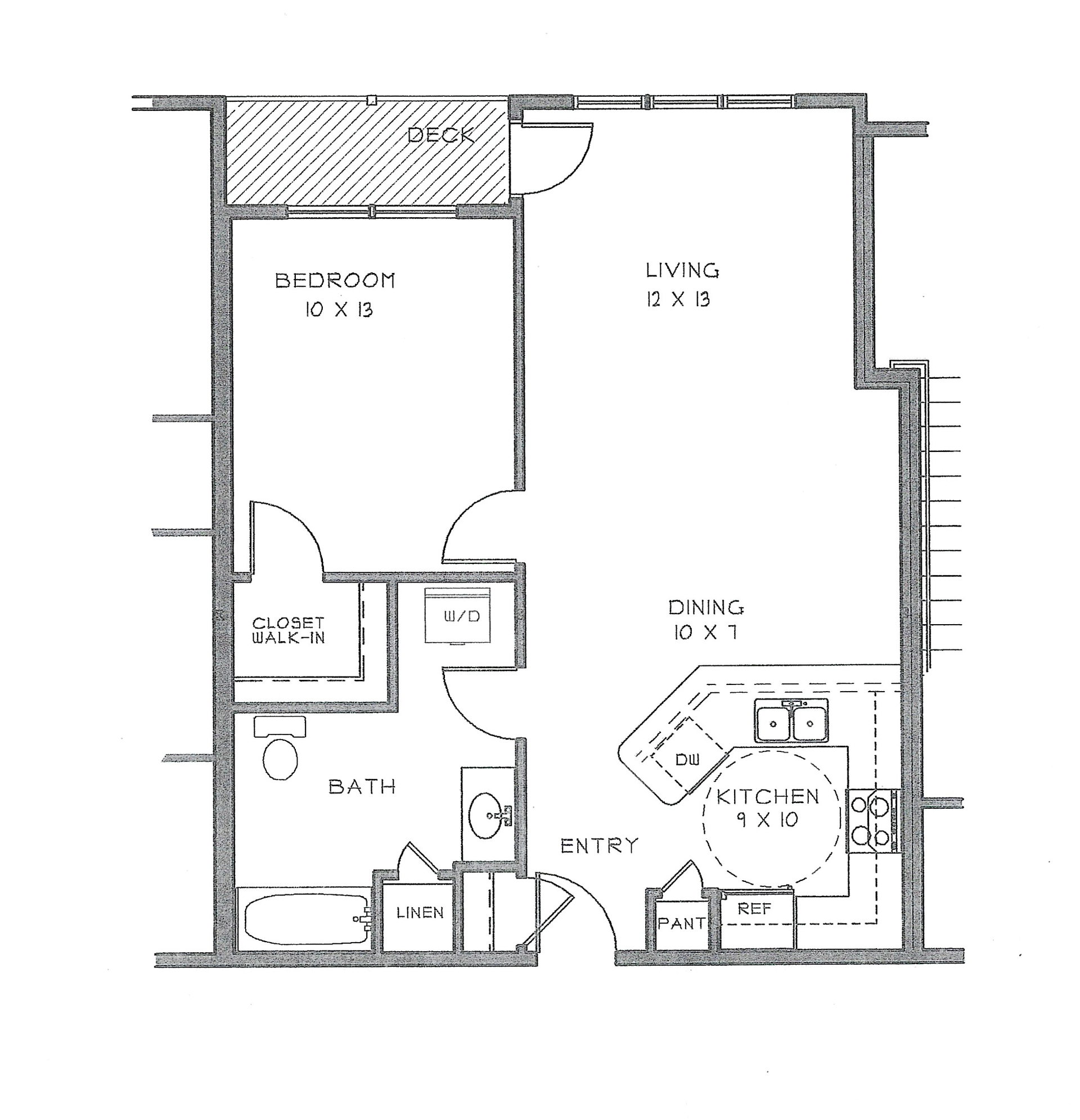 A black and white floor plan of a single bedroom apartment.