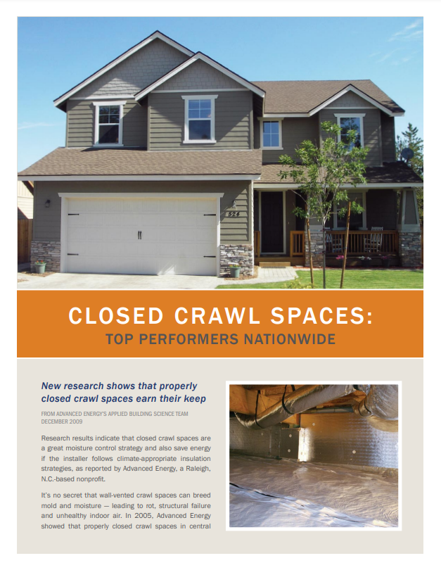 An advertisement for closed crawl spaces with a picture of a house