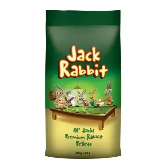 Bag of Jack Rabbit premium rabbit pellets. Green bag with illustration of rabbits playing pool — Territory Stock Feed & Saddlery in Alice Springs, NT 