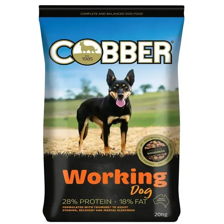 Bag of Cobber Working Dog food, featuring a black and tan dog standing in a field. The bag is blue and black with orange text — Territory Stock Feed & Saddlery in Alice Springs, NT