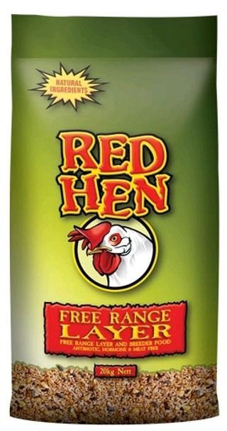 Bag of Red Hen free-range layer chicken feed, featuring a red and white chicken logo and text on a green background — Territory Stock Feed & Saddlery in Alice Springs, NT 
