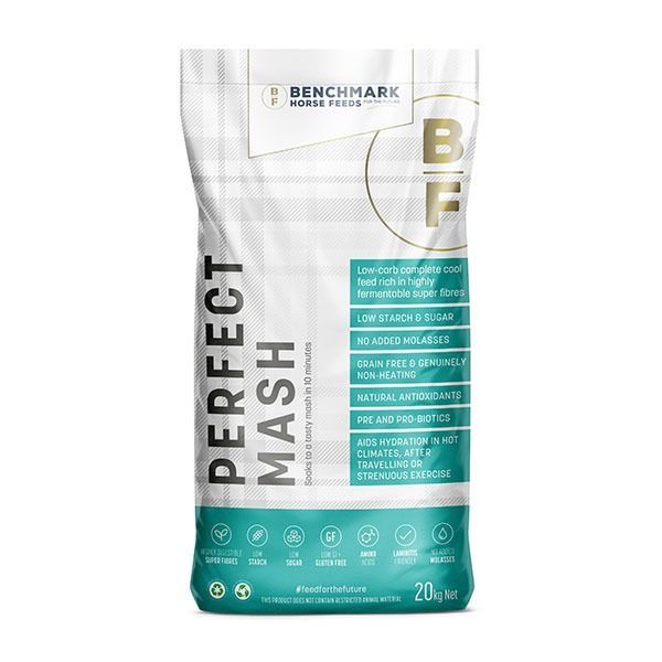 White bag of Benchmark Perfect Mash horse feed with teal and gold accents, on a white background — Territory Stock Feed & Saddlery in Alice Springs, NT