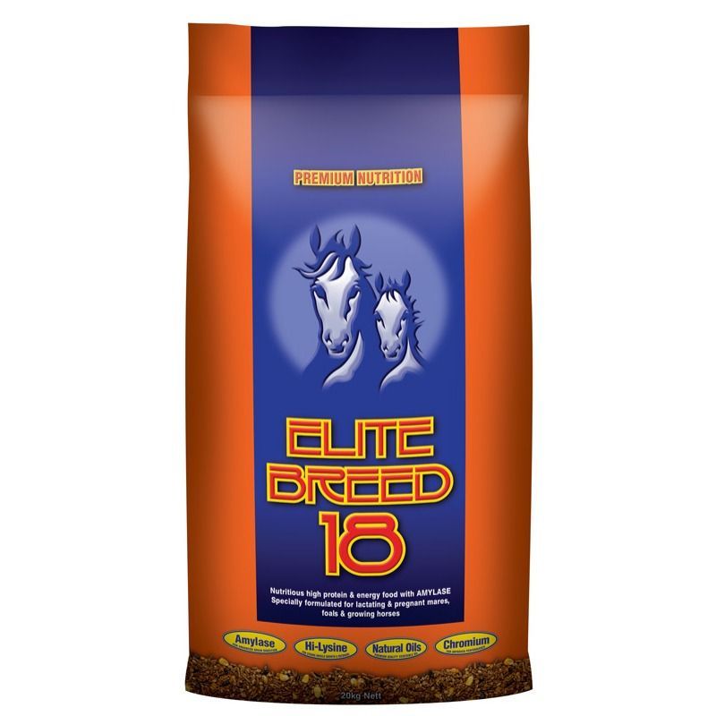 Bag of Elite Breed 18 horse feed, orange and blue with a horse and foal graphic, and product information — Territory Stock Feed & Saddlery in Alice Springs, NT