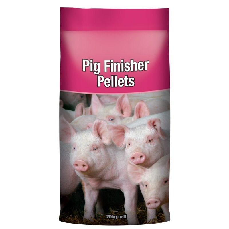 Bag of pig finisher pellets with a pink top, featuring a group of pink piglets — Territory Stock Feed & Saddlery in Alice Springs, NT 