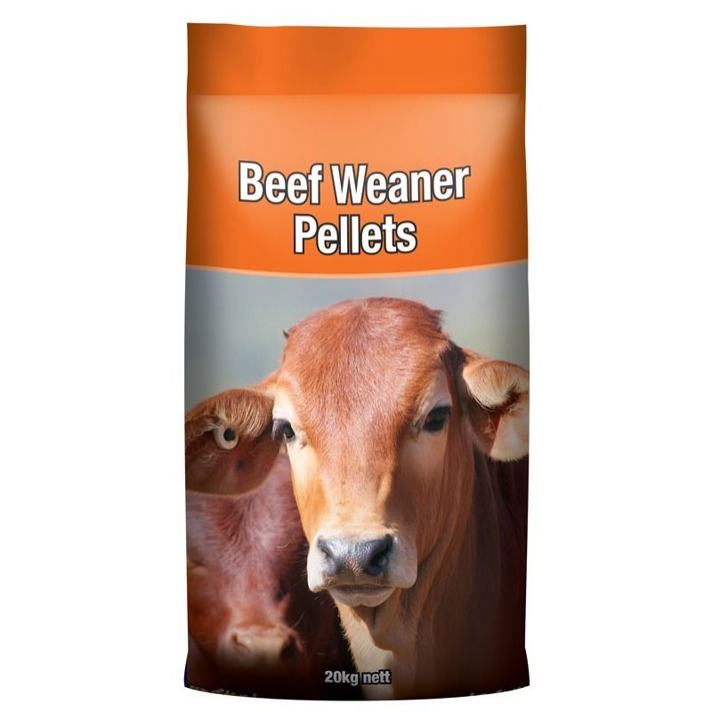 Bag of beef weaner pellets featuring a close-up of two brown cows on a neutral background. Orange and white text — Territory Stock Feed & Saddlery in Alice Springs, NT 