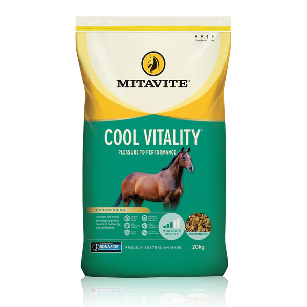 A bag of Mitavite Cool Vitality horse feed. It has a green and yellow design with a photo of a brown horse — Territory Stock Feed & Saddlery in Alice Springs, NT